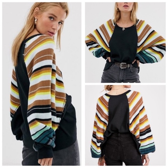 🌈NWT🌈 FP Black Rainbow Stripe Balloon Sleeve Top - Picture 15 of 15